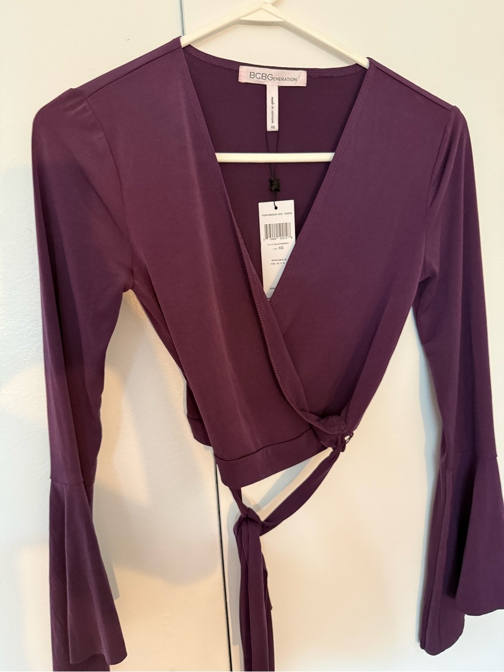 BCBGeneration Plum Wrap Crop Top with Tie Front